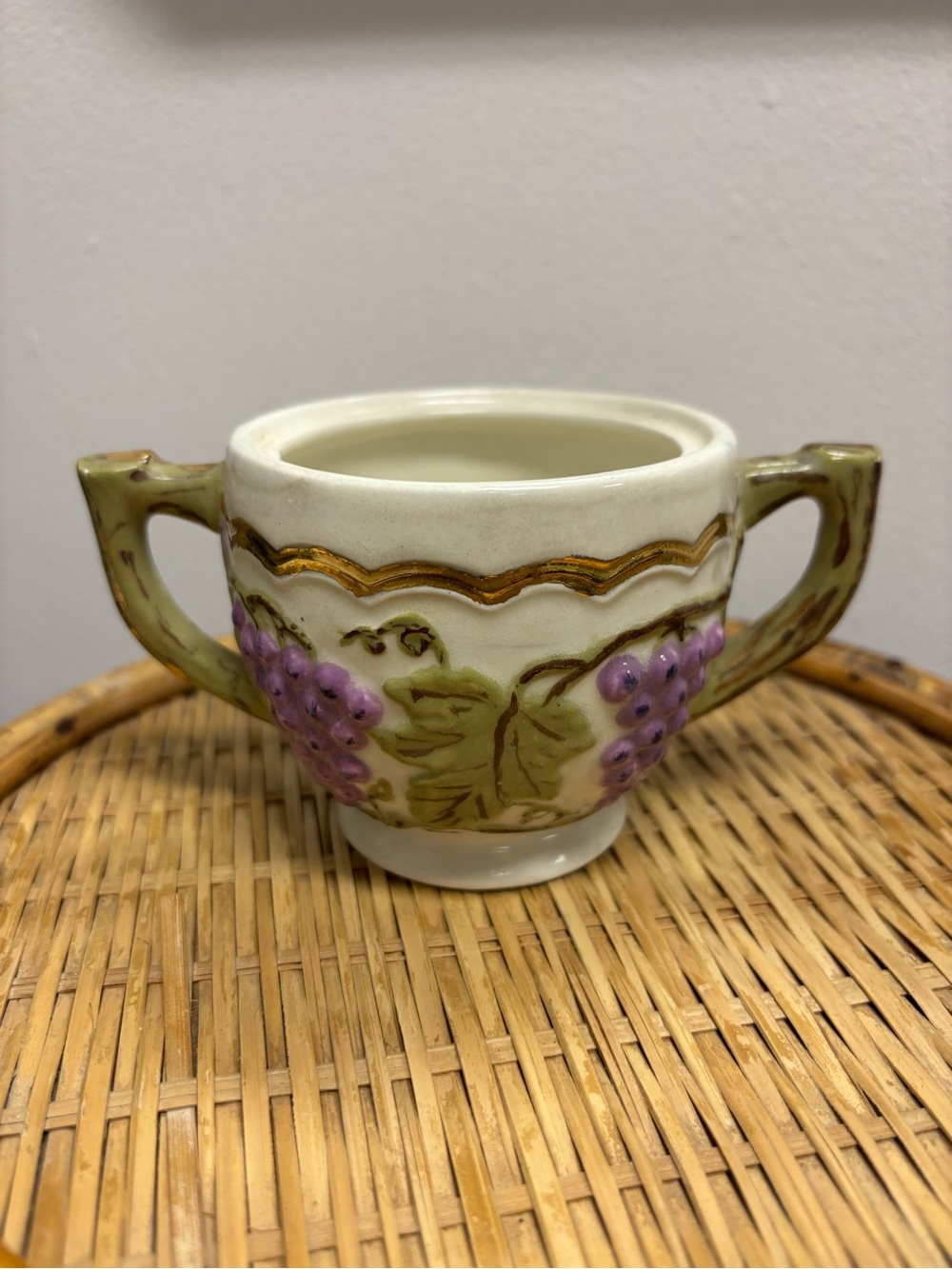 Decorative Ceramic Grape Sugar Bowl - Cream and Green